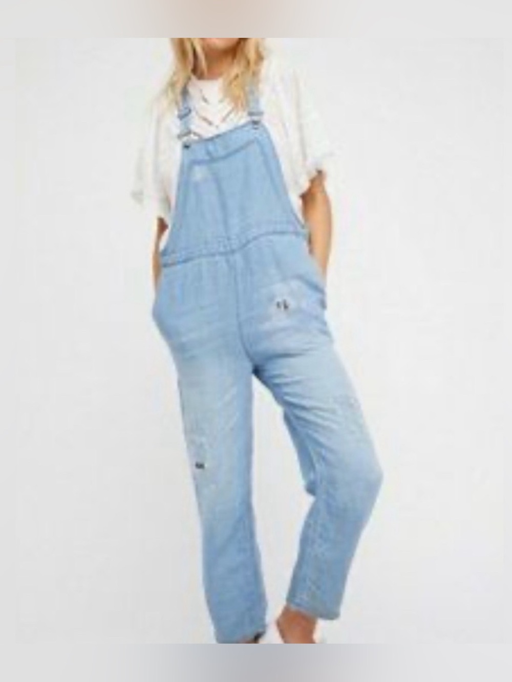Free People Distressed Linen Blend Boyfriend Crop Overalls
